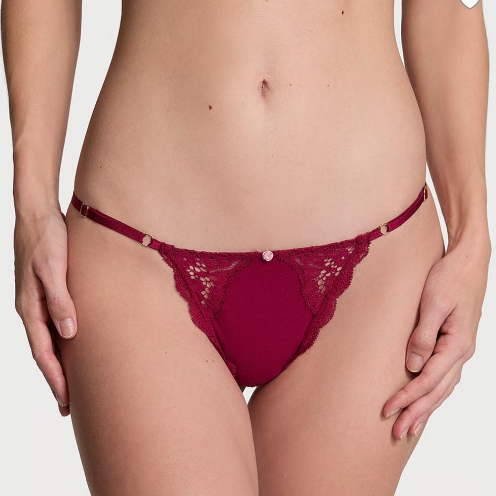 Victoria’s Secret Campari Red Lace Trim Adjustable V String Panty